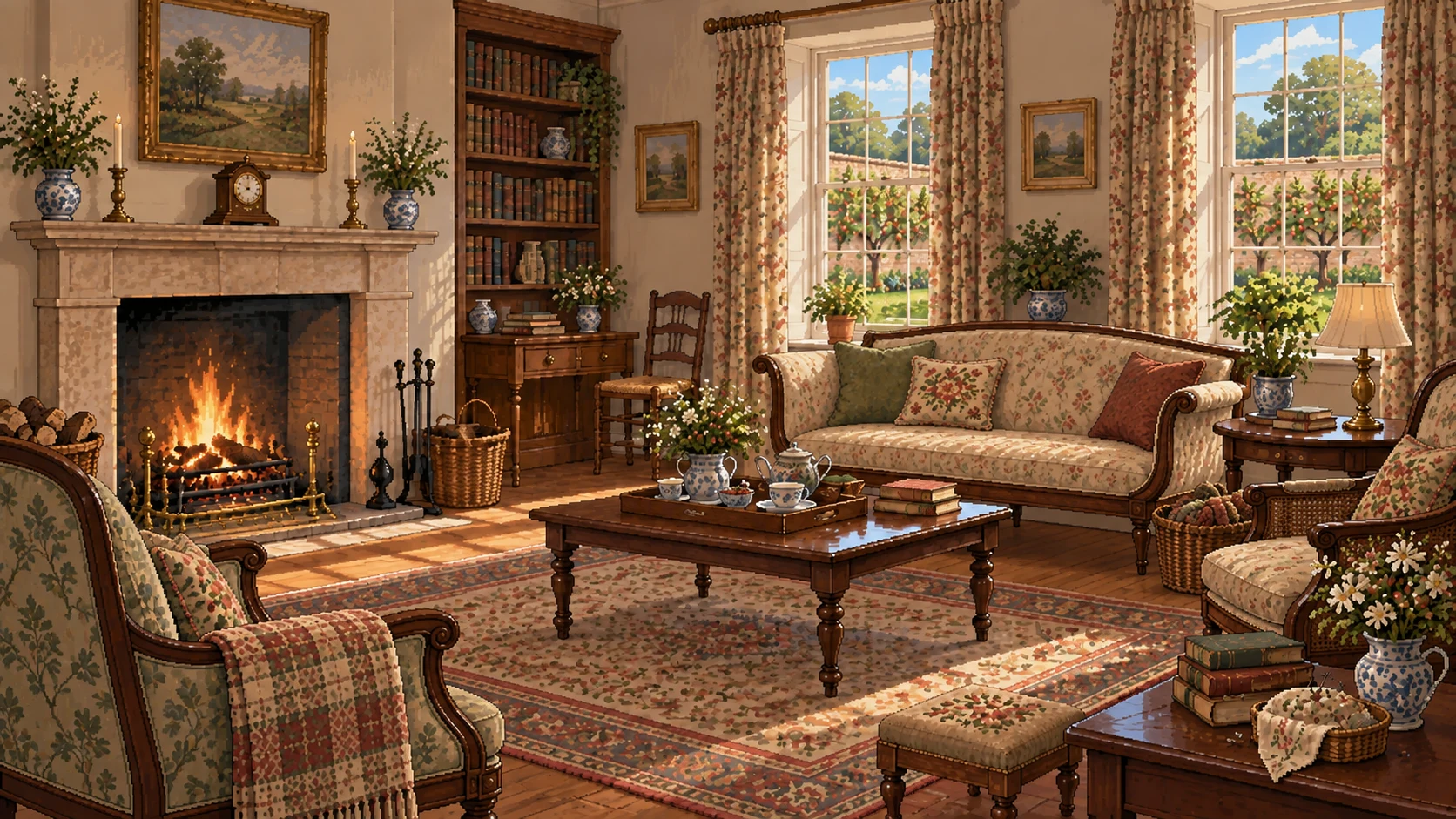 Intimate floral sofa and active hearth; visually sheltered and already suited to a long stay.