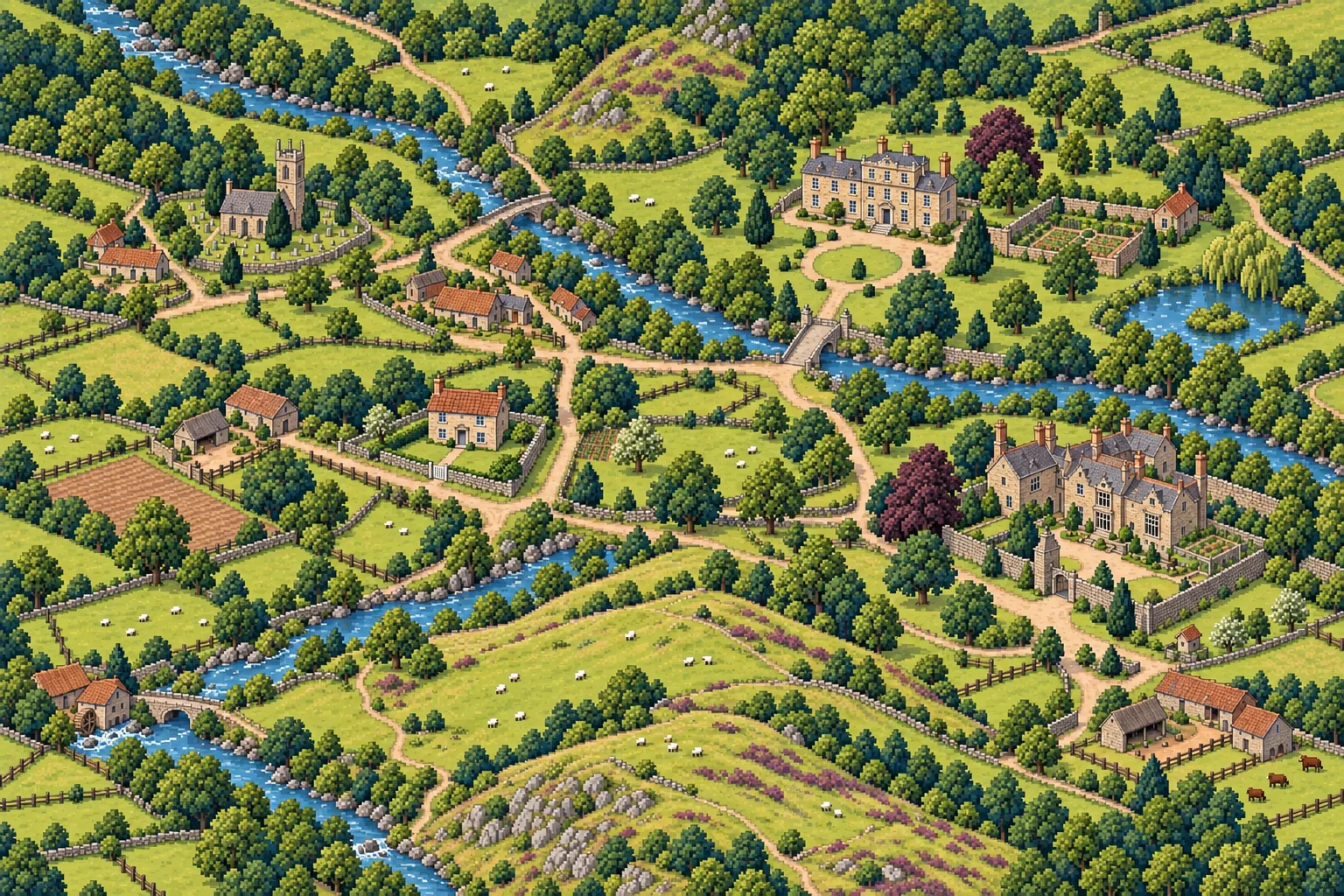An imagined Devon valley, with Barton Cottage, Barton Park, a village church and Allenham among green hills.
