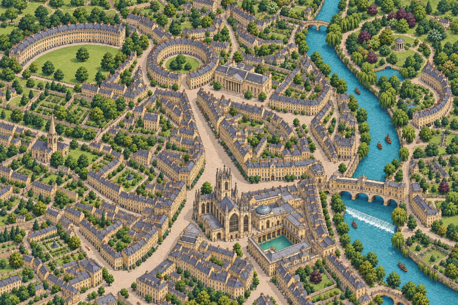 An imagined Georgian Bath with the Royal Crescent, Assembly Rooms, Pump Room and streets for Austen’s stories.