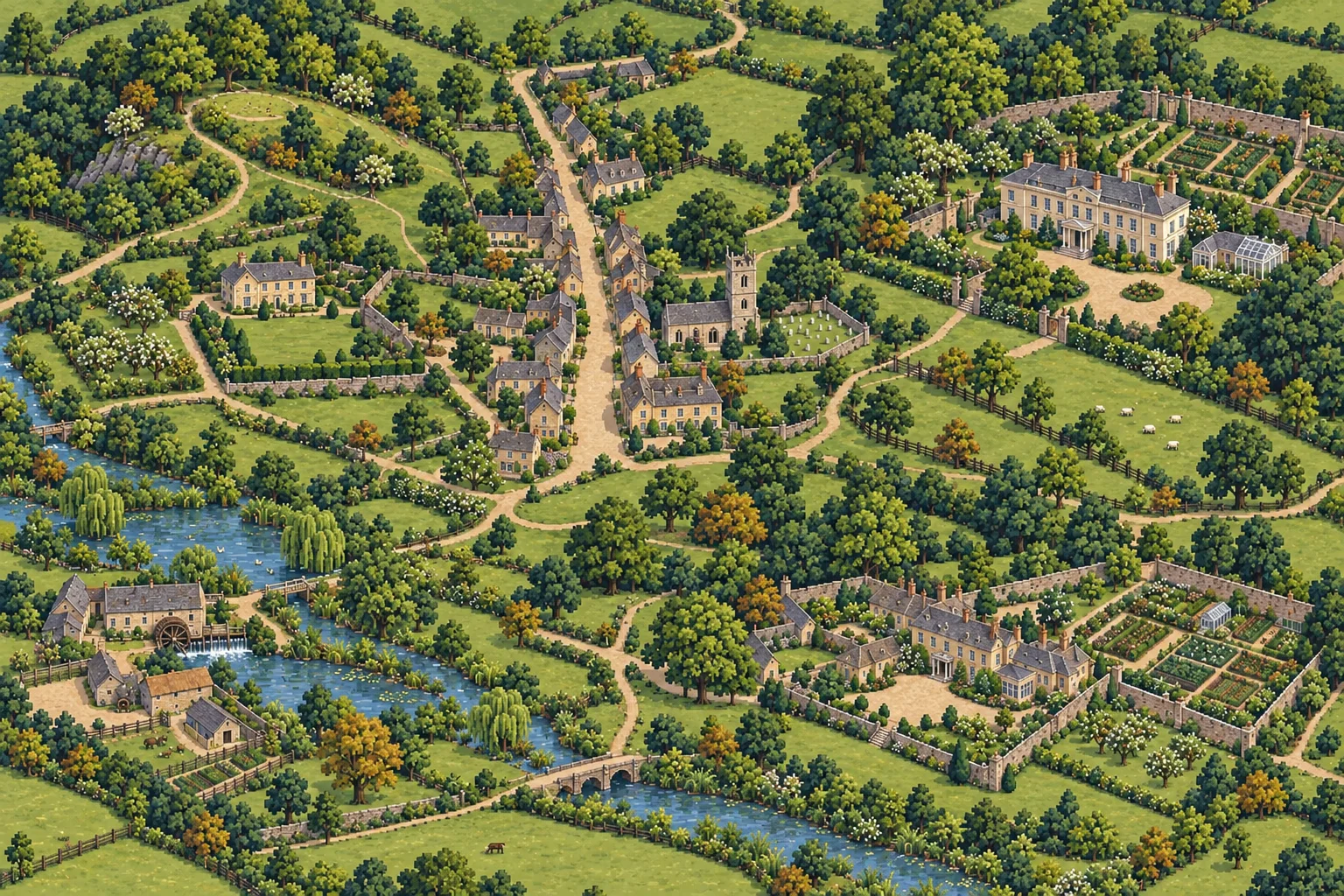 An imagined Highbury, with country houses, a high street and Abbey-Mill Farm connected by winding lanes.